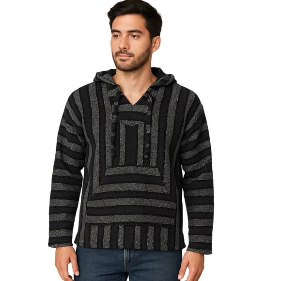 Earthbound Baja Hoodie Black Gray Stripe Woven Pullover Size L Boho Surf Hippie - Picture 1 of 8